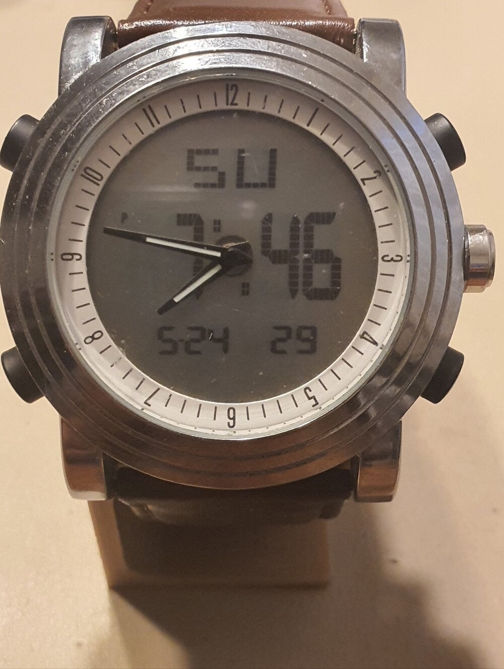 10/$20 Sinobi Silver/Leather Analog/Digital Alarm Chrono Men's Watch